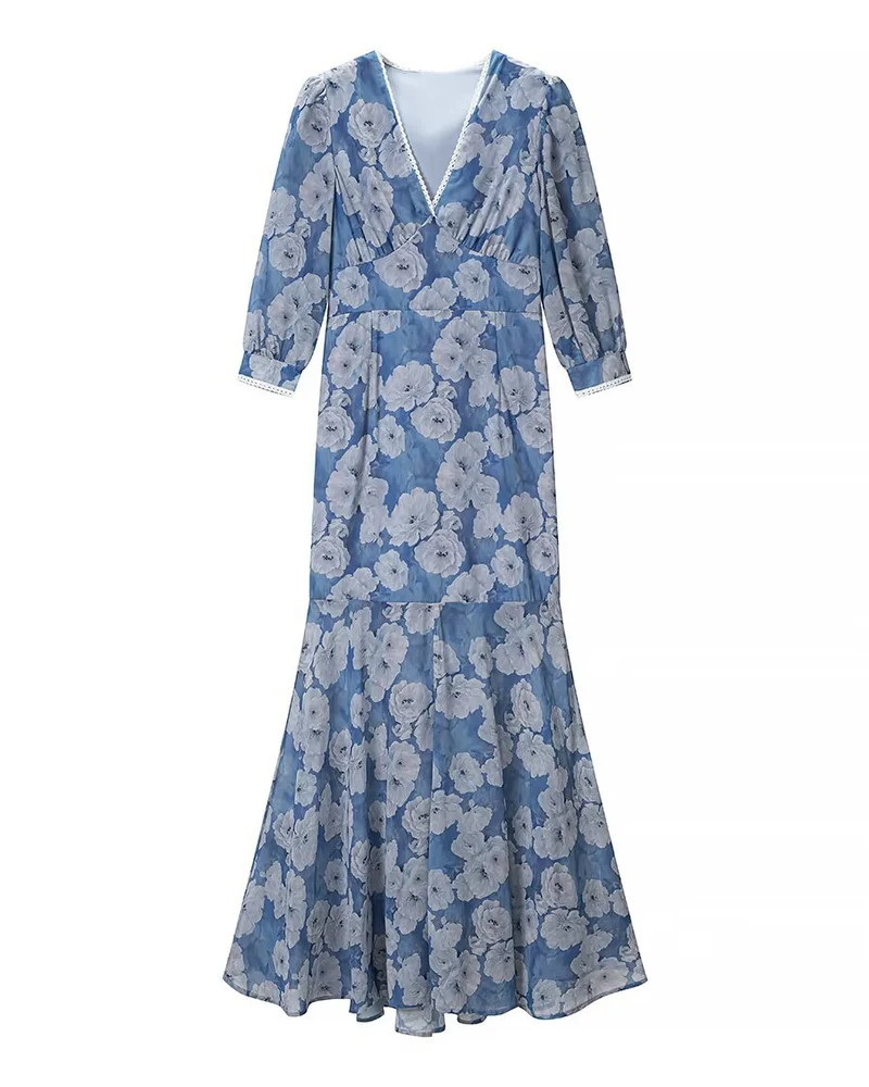 Damen Maxikleid mit V‑Ausschnitt, Empire‑Schnitt und floraler Chiffonoptik Drune