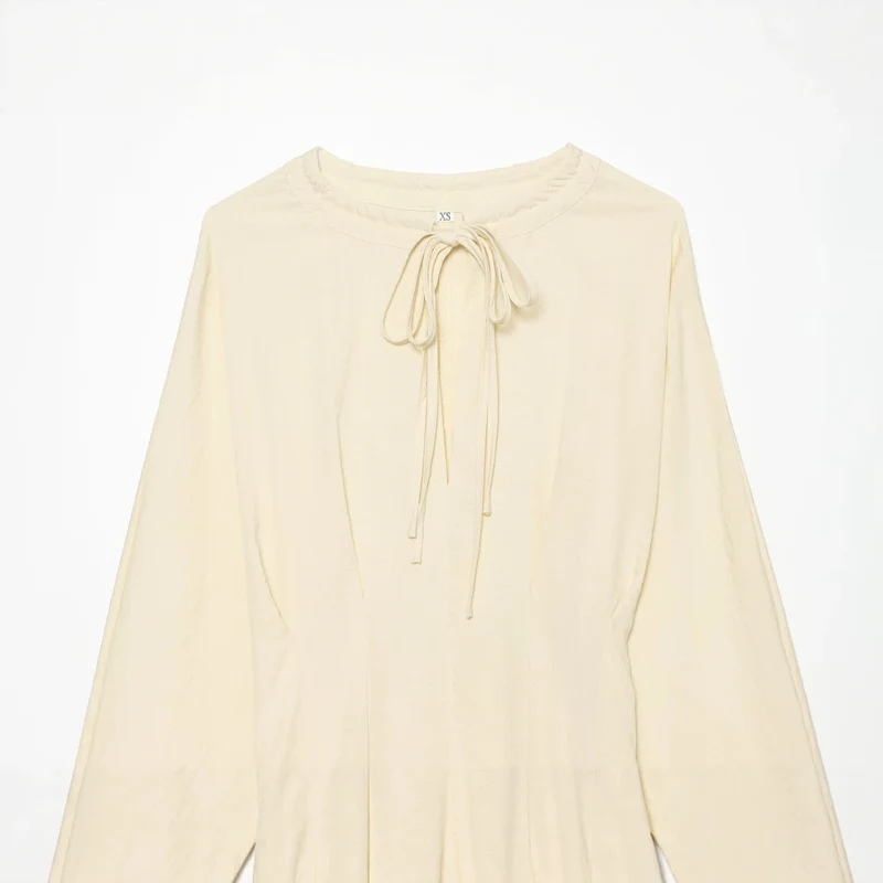 Damen Maxikleid mit Stehkragen, Bindeschal und Ballonärmeln Drune