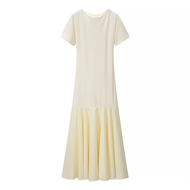 Damen Maxikleid mit kurzen Ärmeln, figurumspielendem Oberteil und ausgestelltem Volant-Saum Drune