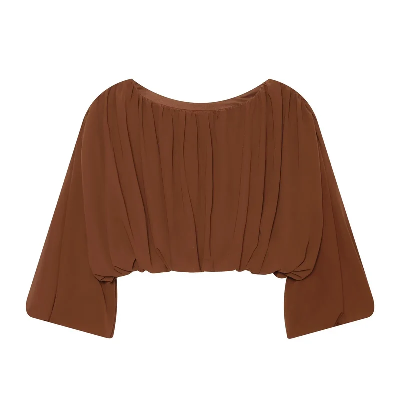 Damen Luftige Chiffon-Kurzbluse mit Drapierung und Ballonärmeln Drune