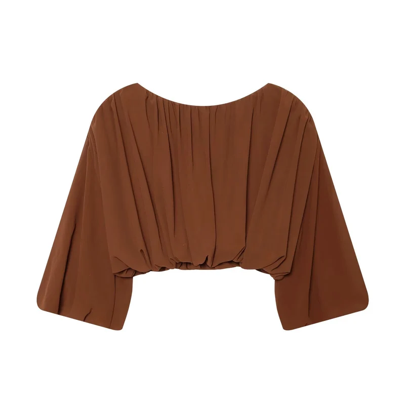 Damen Luftige Chiffon-Kurzbluse mit Drapierung und Ballonärmeln Drune
