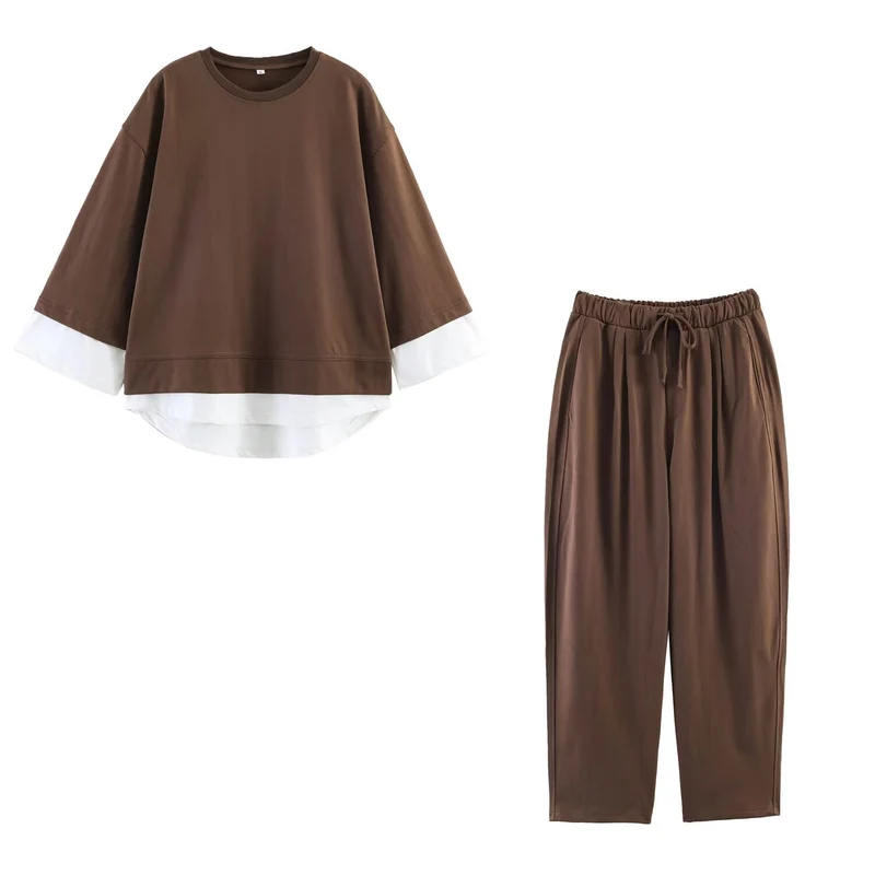 Damen Loungewear-Set aus weichem Jersey mit überlappendem Layer-Top und elastischer Highwaist-Hose Drune