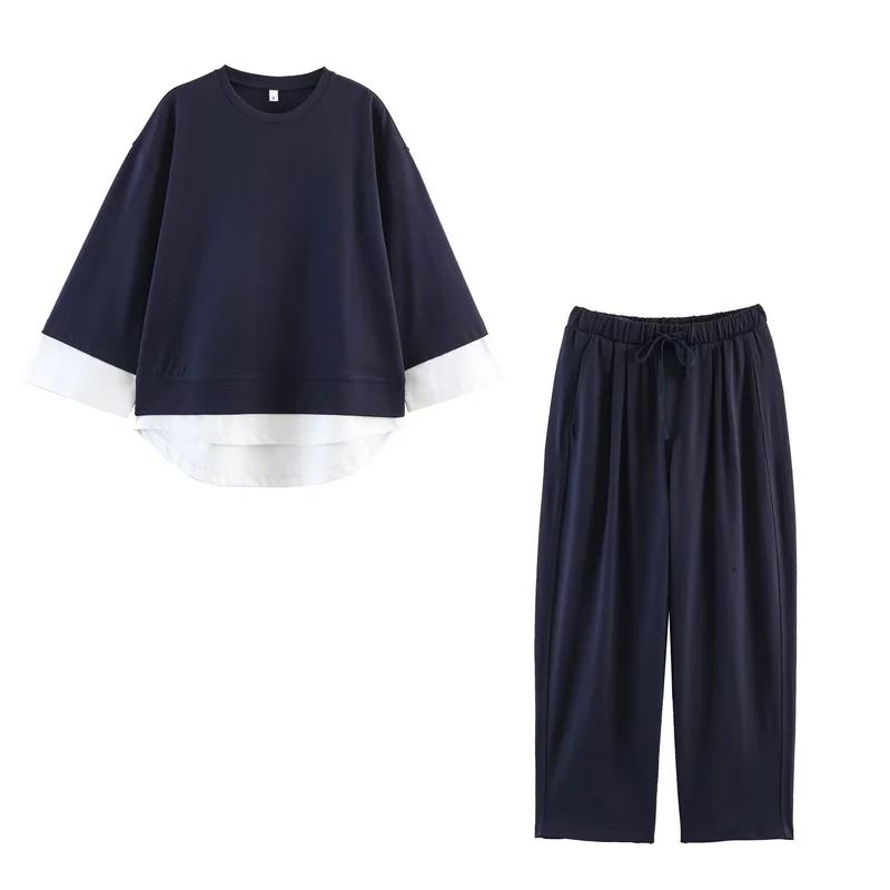 Damen Loungewear-Set aus weichem Jersey mit überlappendem Layer-Top und elastischer Highwaist-Hose Drune