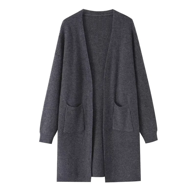 Damen Longline Strickcardigan mit aufgesetzten Taschen und offener Front Drune