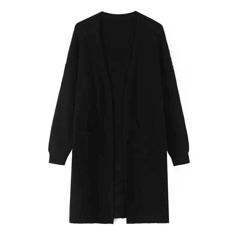 Damen Longline Strickcardigan mit aufgesetzten Taschen und offener Front Drune
