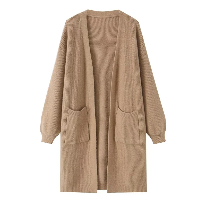 Damen Longline Strickcardigan mit aufgesetzten Taschen und offener Front Drune