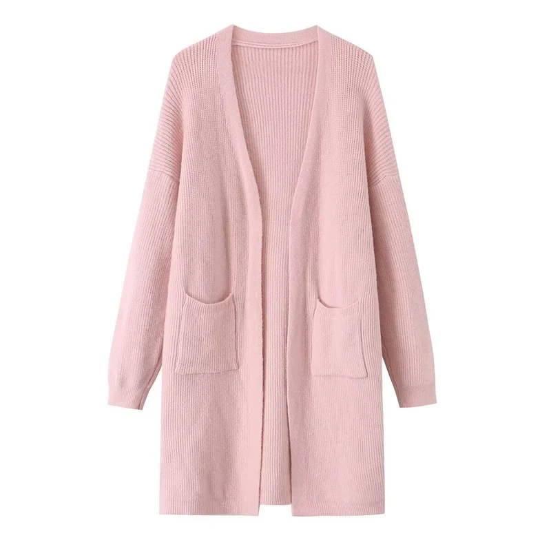 Damen Longline Strickcardigan mit aufgesetzten Taschen und offener Front Drune