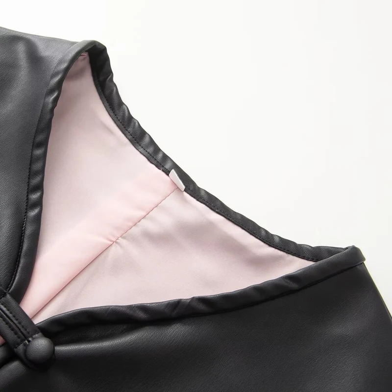 Damen Lockerer Lederimitat-Mantel mit Bindeschnüren, V‑Ausschnitt und aufgesetzten Taschen Drune