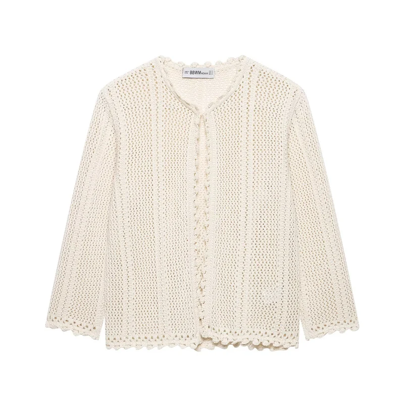 Damen Lockerer Häkelstrick-Cardigan mit feinem Lochmuster und Scallop-Saum Drune