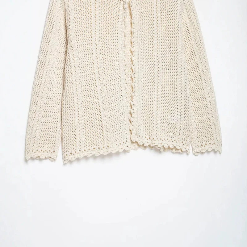 Damen Lockerer Häkelstrick-Cardigan mit feinem Lochmuster und Scallop-Saum Drune