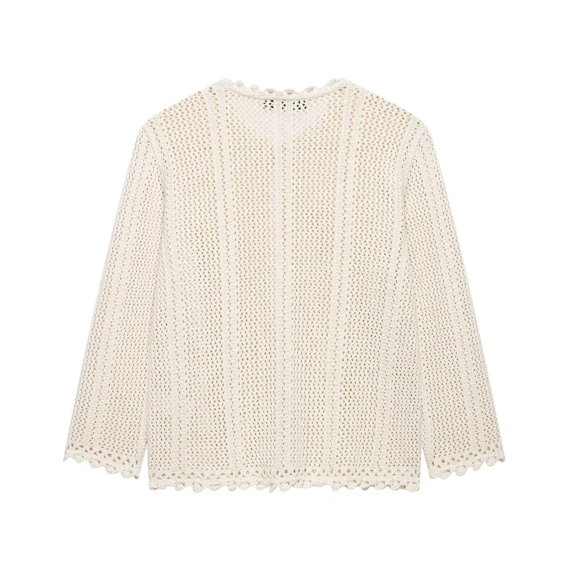 Damen Lockerer Häkelstrick-Cardigan mit feinem Lochmuster und Scallop-Saum Drune