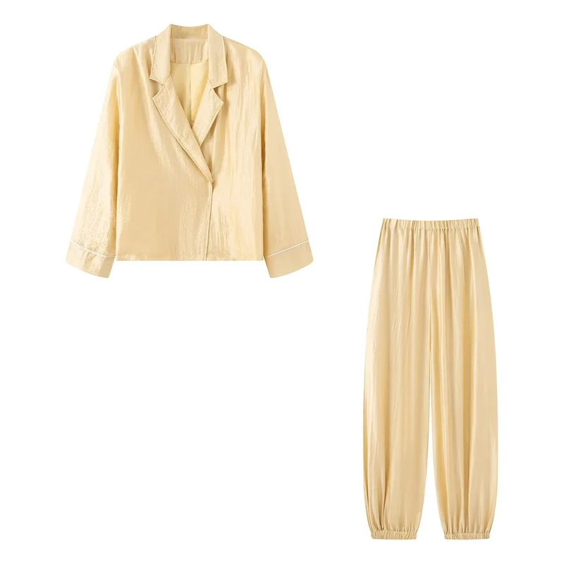 Damen Leichter Pyjama-Zweiteiler mit Schalkragenjacke und elastischer Bundhose Drune