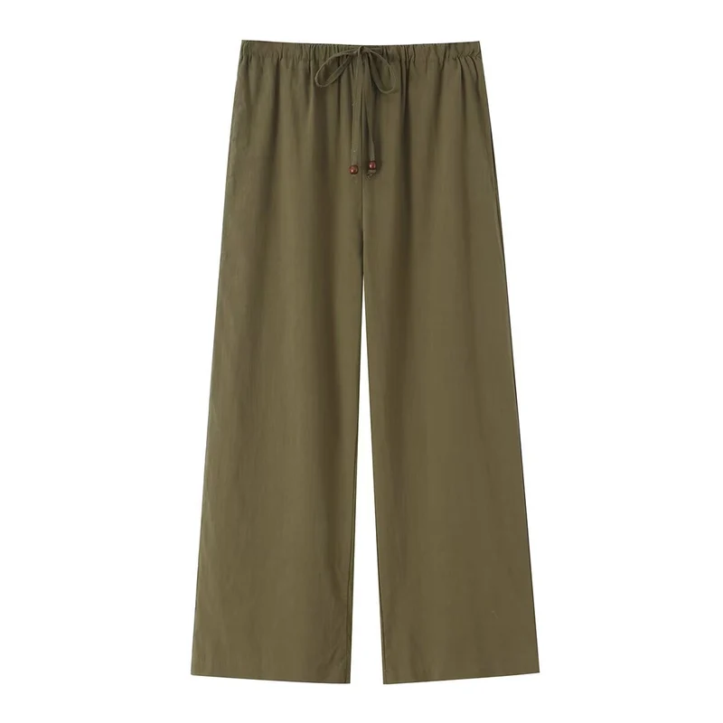 Damen Leichte weite Leinenoptik-Hose mit elastischem Tunnelzug und Holzperlen Drune