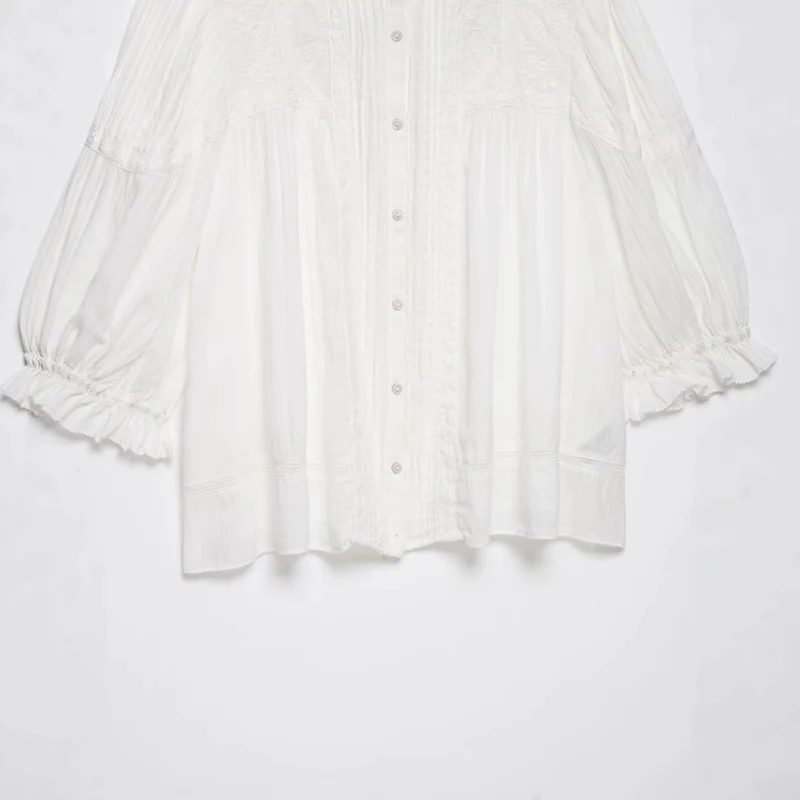 Damen Leichte Tunika‑Bluse mit Stehkragen, Plissee- und Spitzenbesatz Drune