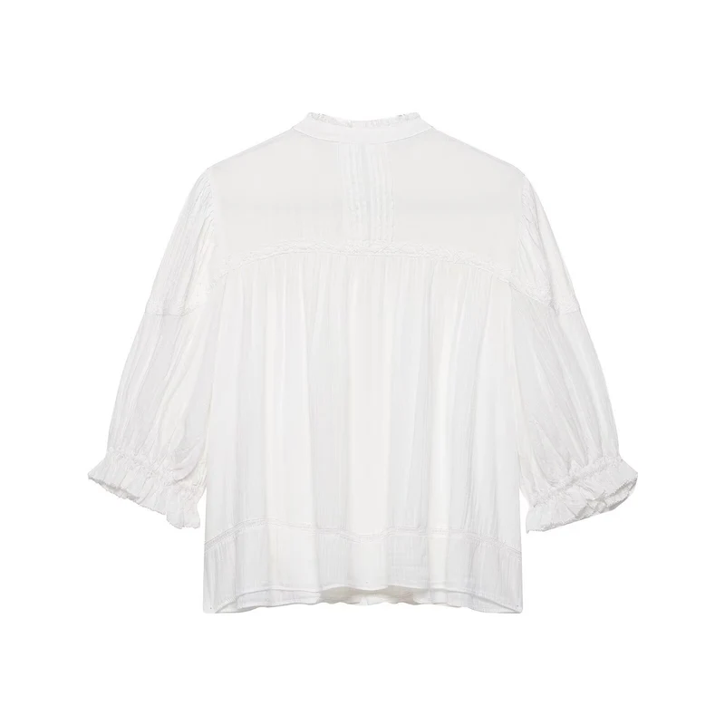 Damen Leichte Tunika‑Bluse mit Stehkragen, Plissee- und Spitzenbesatz Drune
