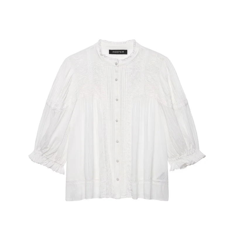 Damen Leichte Tunika‑Bluse mit Stehkragen, Plissee- und Spitzenbesatz Drune