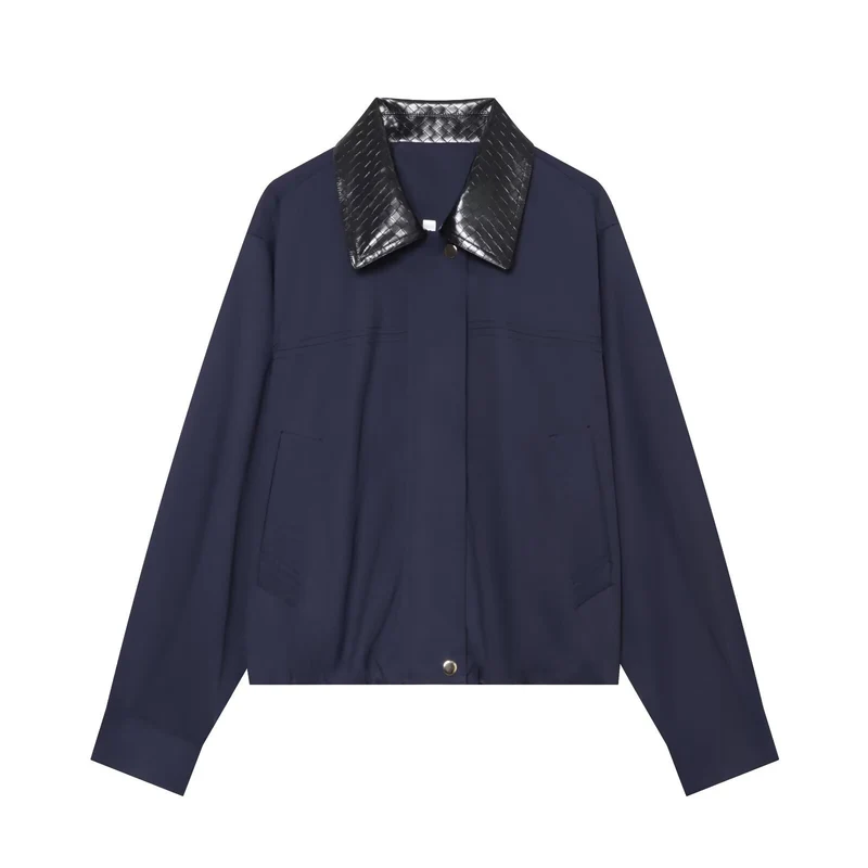 Damen Leichte Oversize Blousonjacke mit kontrastierendem geprägtem Kunstlederkragen Drune