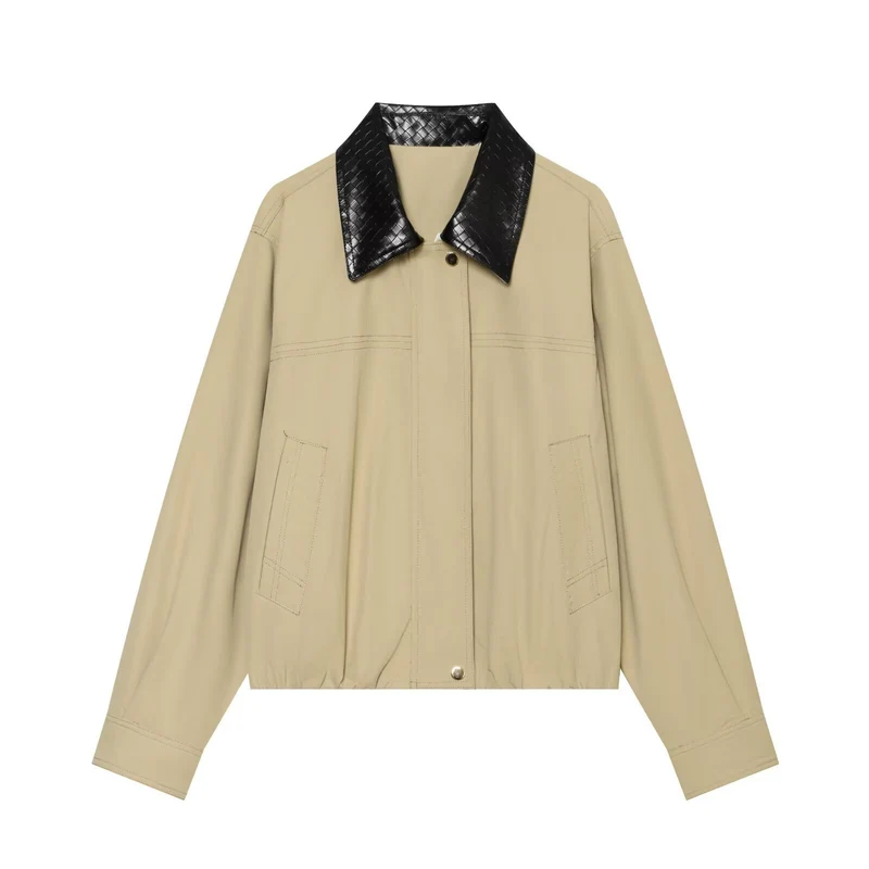 Damen Leichte Oversize Blousonjacke mit kontrastierendem geprägtem Kunstlederkragen Drune