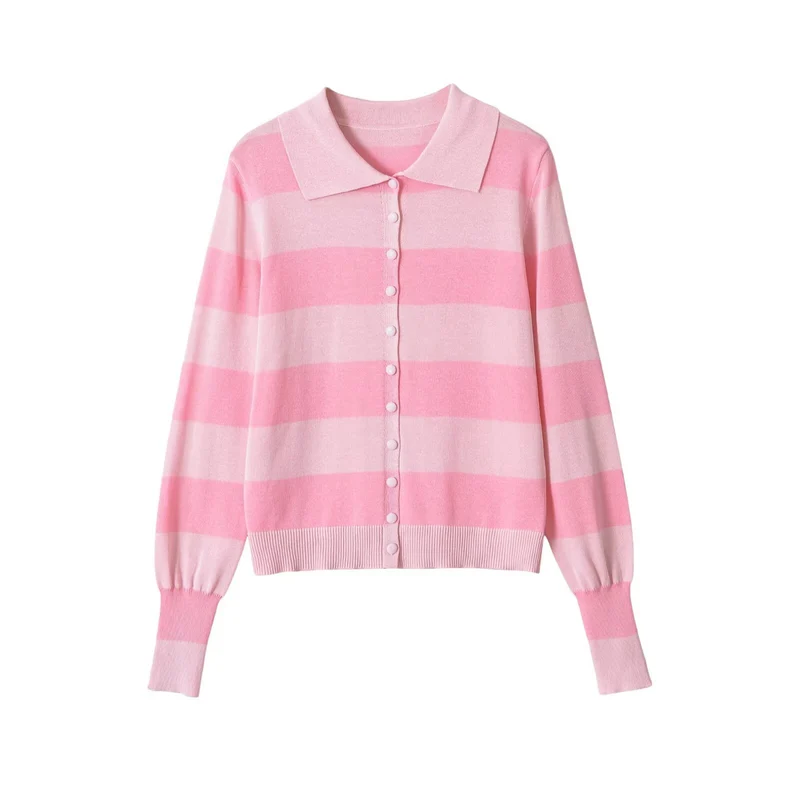 Damen Leichte gestreifte Strickjacke mit Polokragen und Knopfleiste Drune