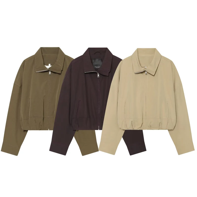 Damen Leichte Cropped-Blousonjacke mit Stehkragen, Reißverschluss und elastischem Bund Drune