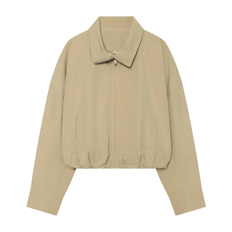 Damen Leichte Cropped-Blousonjacke mit Stehkragen, Reißverschluss und elastischem Bund Drune