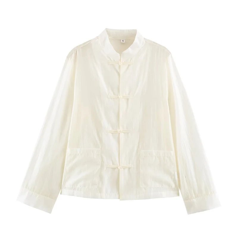 Damen Leichte chinesisch-inspirierte Oversize-Jacke mit Mandarinkragen und Knotenverschlüssen Drune