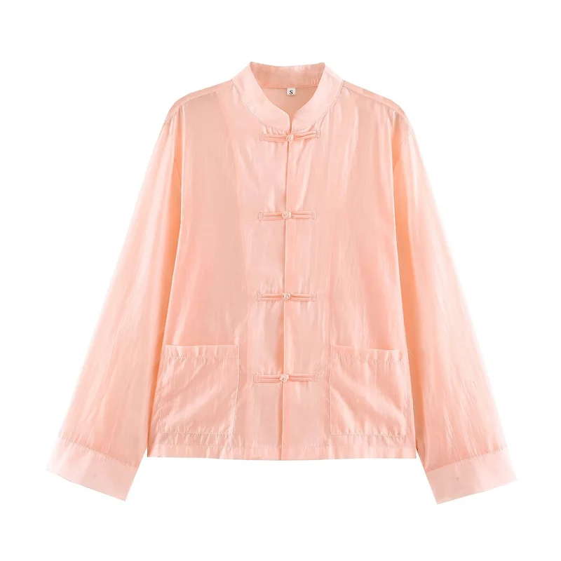 Damen Leichte chinesisch-inspirierte Oversize-Jacke mit Mandarinkragen und Knotenverschlüssen Drune