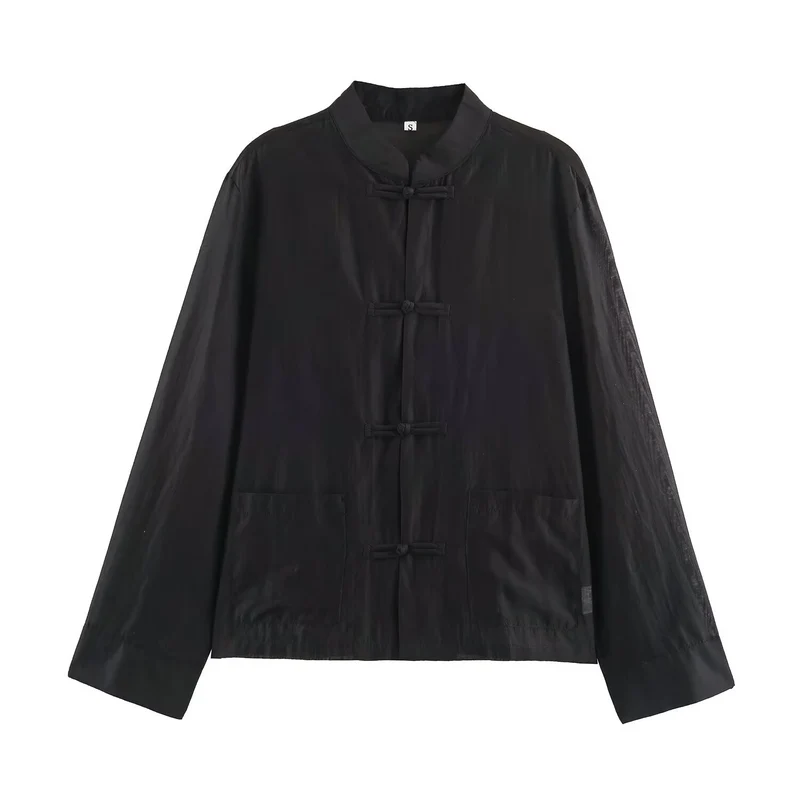 Damen Leichte chinesisch-inspirierte Oversize-Jacke mit Mandarinkragen und Knotenverschlüssen Drune