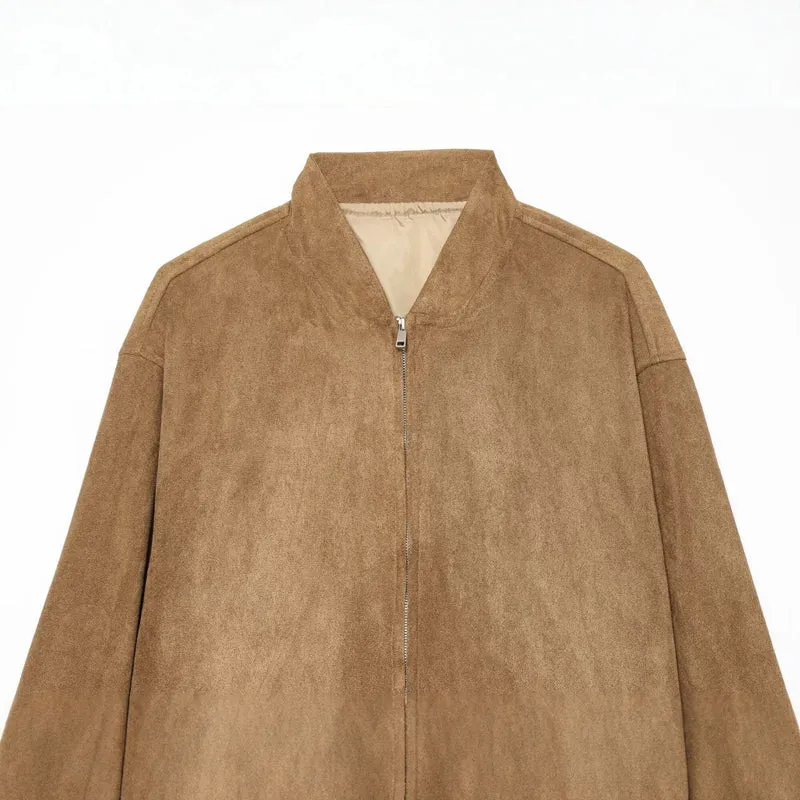 Damen Lässige Oversize Bomberjacke aus Veloursleder-Optik mit Stehkragen und Eingrifftaschen Drune