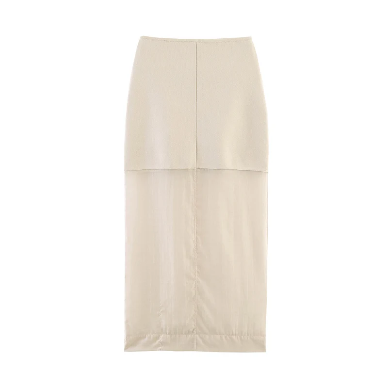 Damen Langer High‑Waist Maxirock mit semitransparentem Unterrock und feinem Strickbund Drune