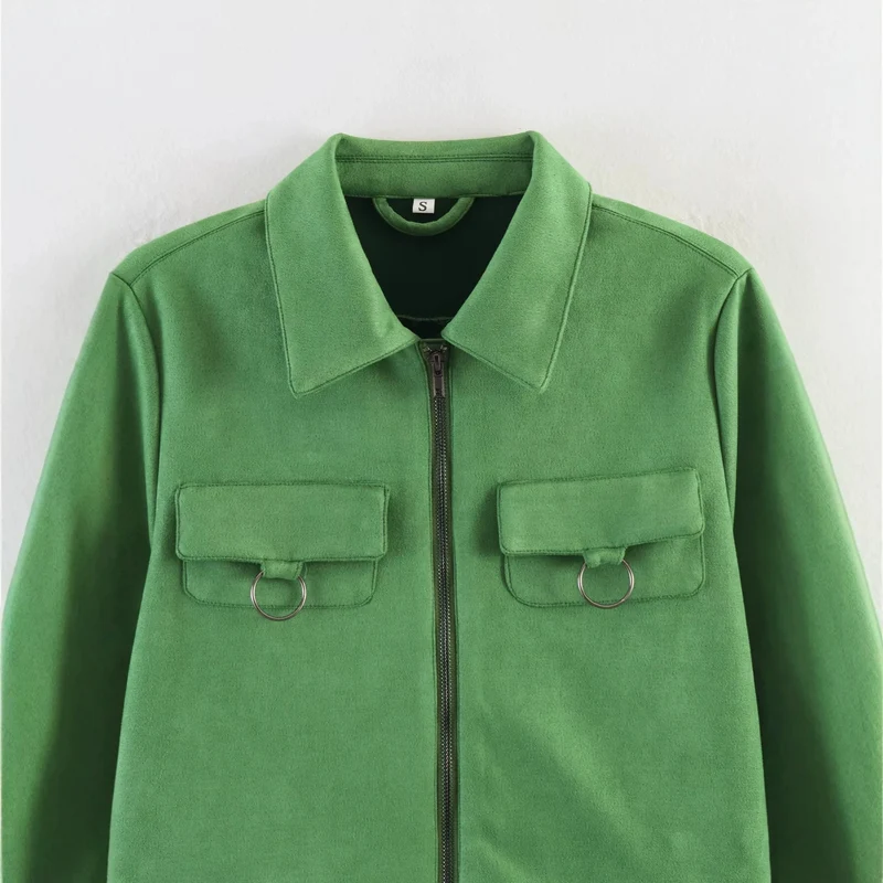 Damen Kurzjacke im Utility-Stil aus Veloursleder-Optik mit Brusttaschen und Metallringen Drune
