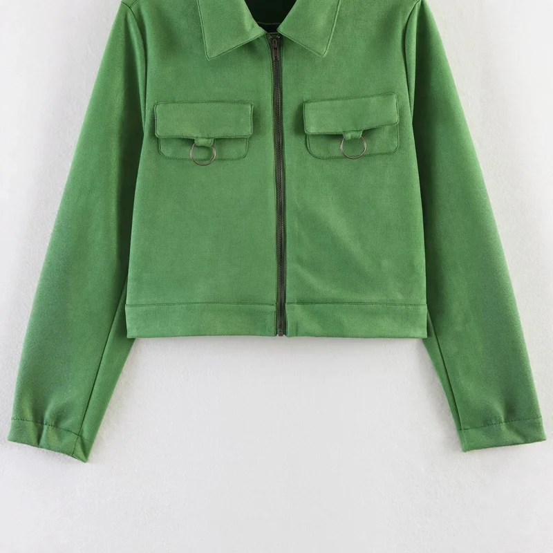 Damen Kurzjacke im Utility-Stil aus Veloursleder-Optik mit Brusttaschen und Metallringen Drune