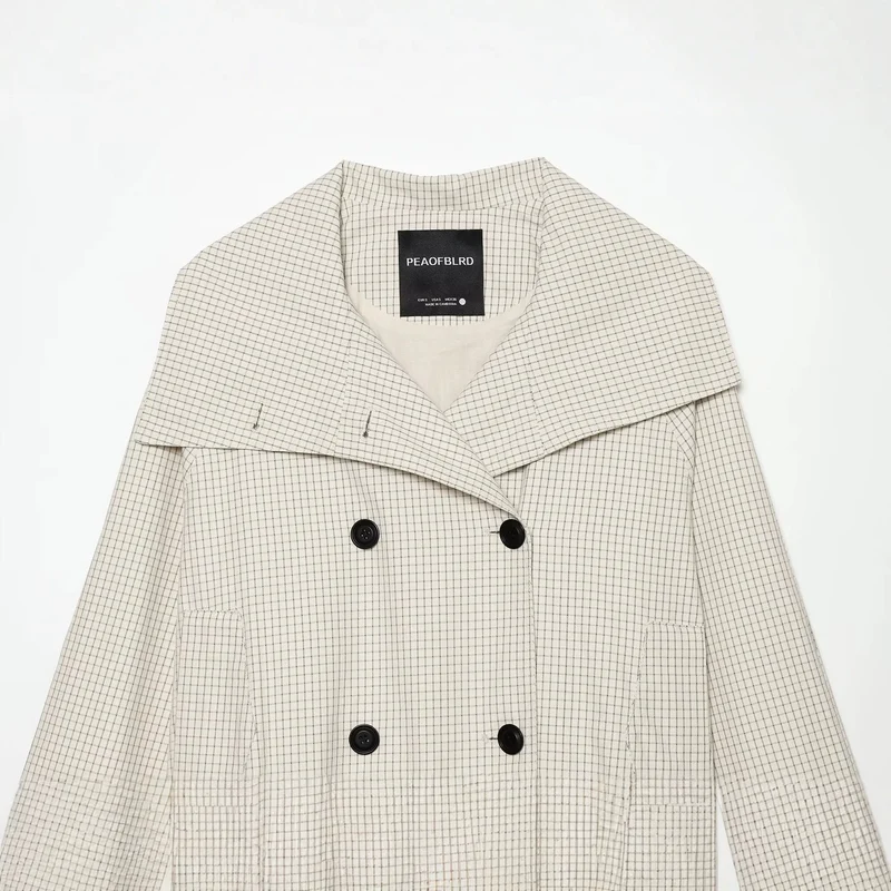 Damen Kurzjacke Doppelreihiger Trench mit übergroßem Matrosenkragen und Gummizugsaum Drune