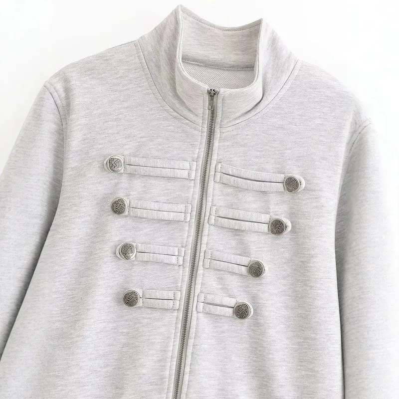 Damen Kurzjacke aus Sweat mit Stehkragen und dekorativer Military-Passe Drune