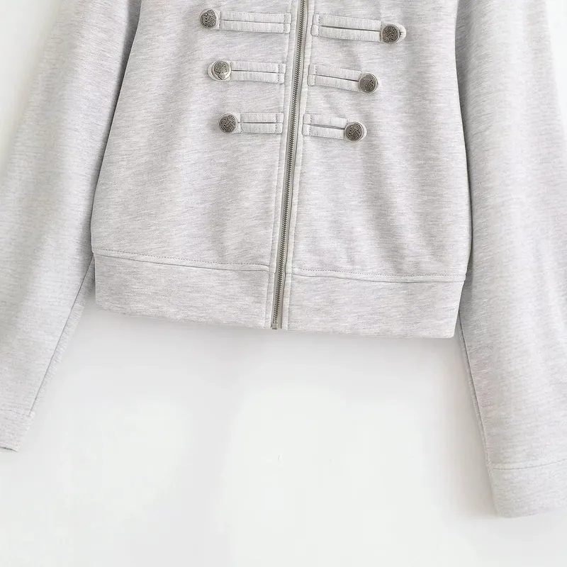 Damen Kurzjacke aus Sweat mit Stehkragen und dekorativer Military-Passe Drune