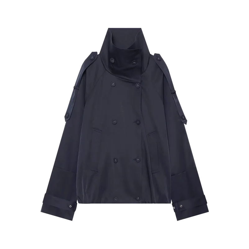 Damen Kurzgeschnittener Doppelreihiger Trenchcoat mit hohem Stehkragen und Cape-Ärmeln Drune