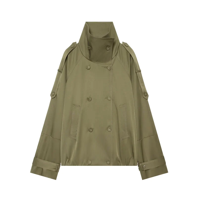 Damen Kurzgeschnittener Doppelreihiger Trenchcoat mit hohem Stehkragen und Cape-Ärmeln Drune