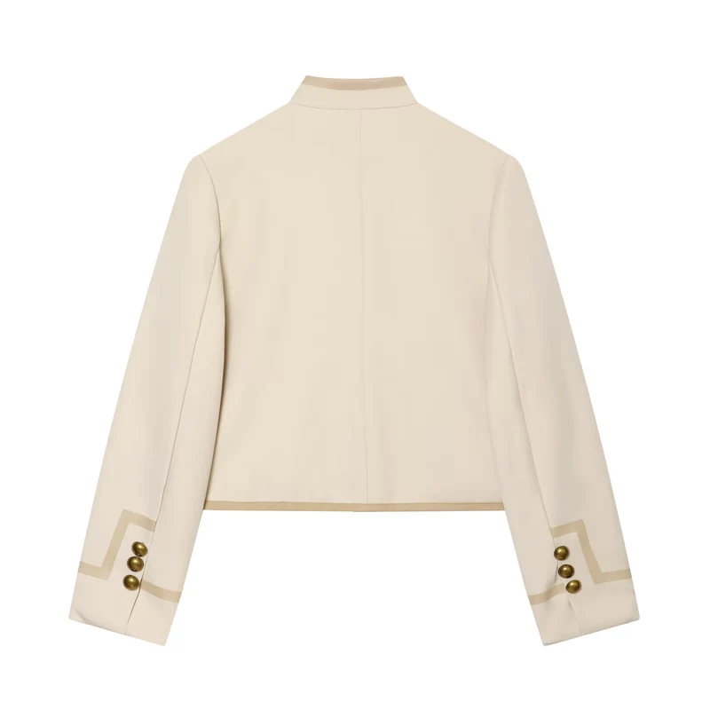 Damen Kurze taillierte Jacke mit Mandarinkragen und dekorativen Laschen Drune