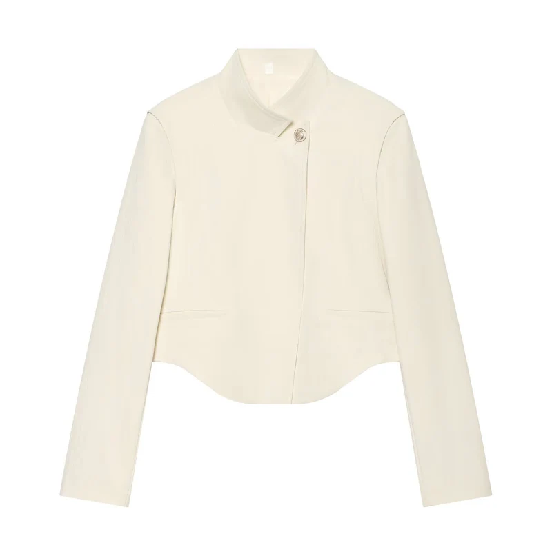 Damen Kurze Tailleurjacke mit Stehkragen, asymmetrischem Saum und Nahttaschen Drune