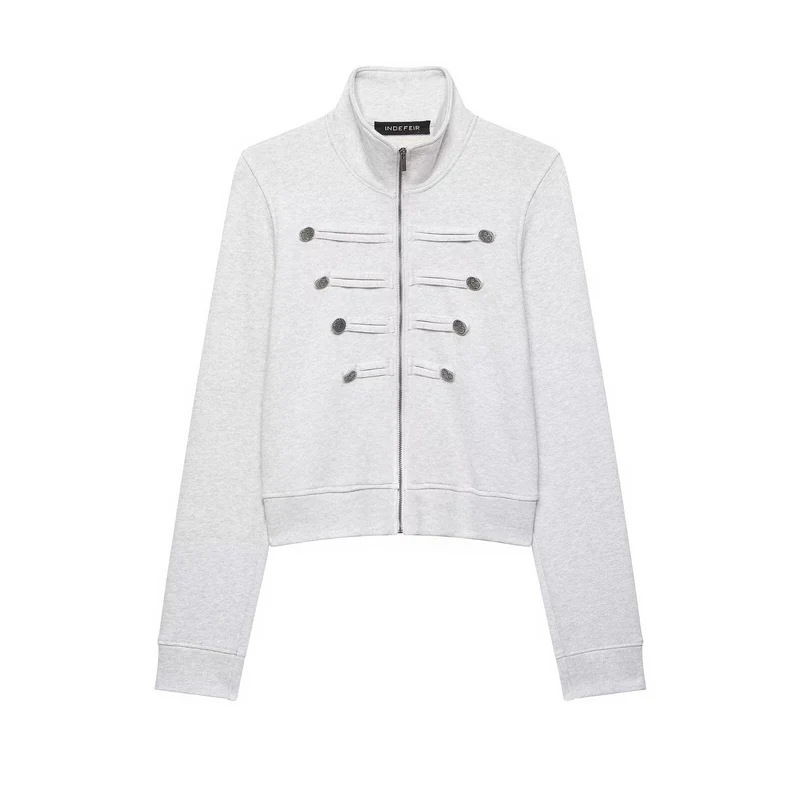 Damen Kurze Sweatjacke im Militärstil mit Stehkragen und dekorativer Knopfleiste Drune