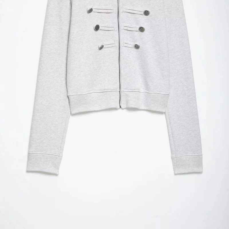 Damen Kurze Sweatjacke im Militärstil mit Stehkragen und dekorativer Knopfleiste Drune