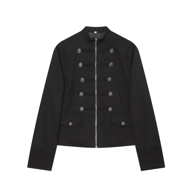 Damen Kurze Militärinspirierte Jacke mit Stehkragen Doppelreihenknöpfen und Reißverschluss Drune