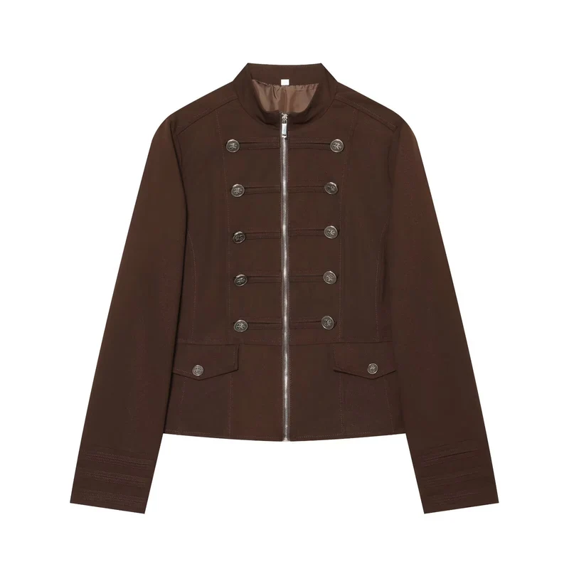 Damen Kurze Militärinspirierte Jacke mit Stehkragen Doppelreihenknöpfen und Reißverschluss Drune