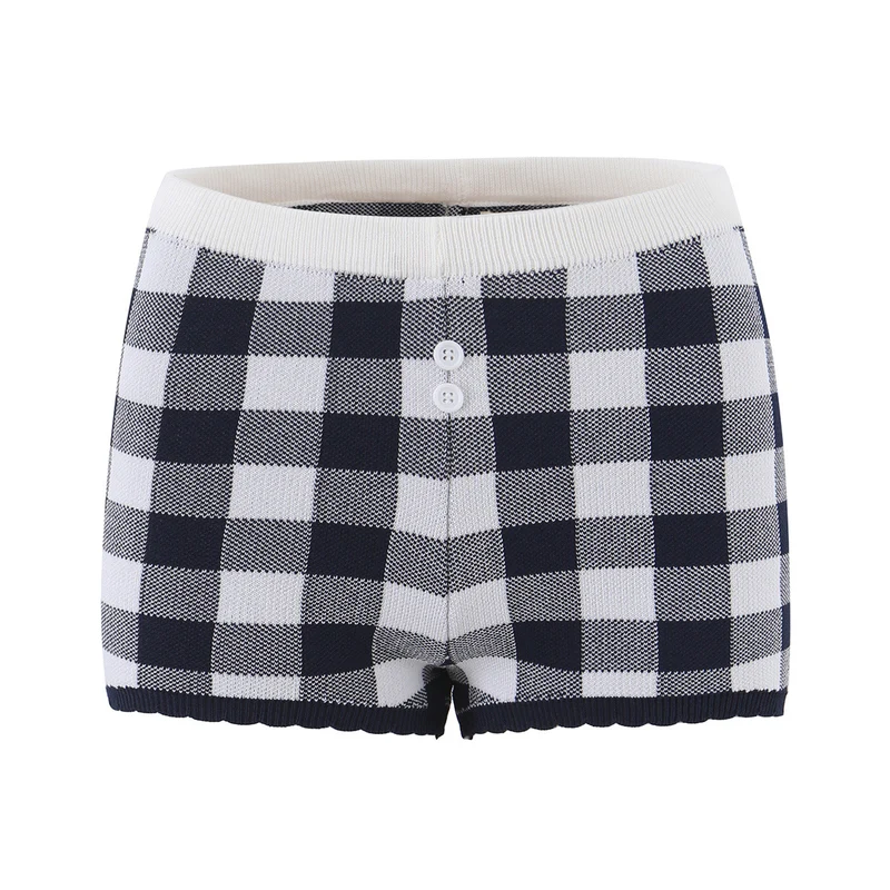 Damen Kurze karierte Feinstrick-Cardigan mit Wellenkante und Perlmuttknöpfen Drune