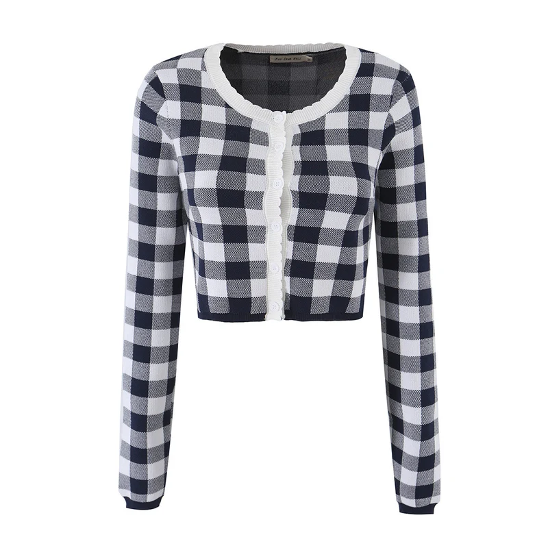 Damen Kurze karierte Feinstrick-Cardigan mit Wellenkante und Perlmuttknöpfen Drune