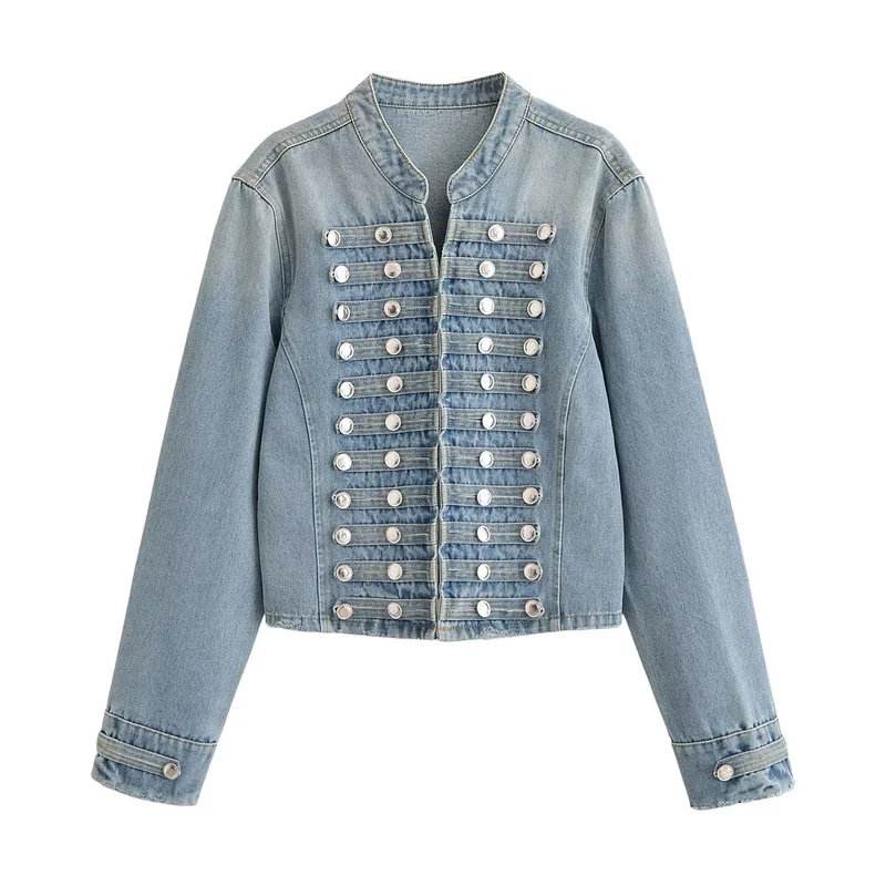 Damen Kurze Jeansjacke mit militärischer Paspelierung und dekorativen Metallknöpfen Drune