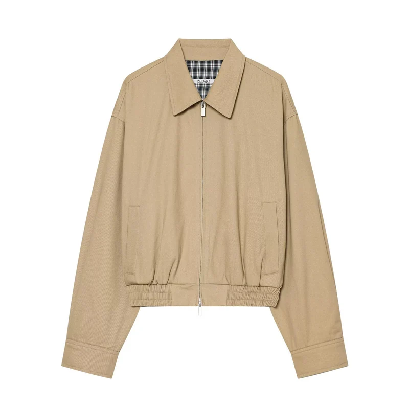 Damen Kurzblouson mit Reißverschluss, elastischem Saum und kariertem Innenfutter Drune