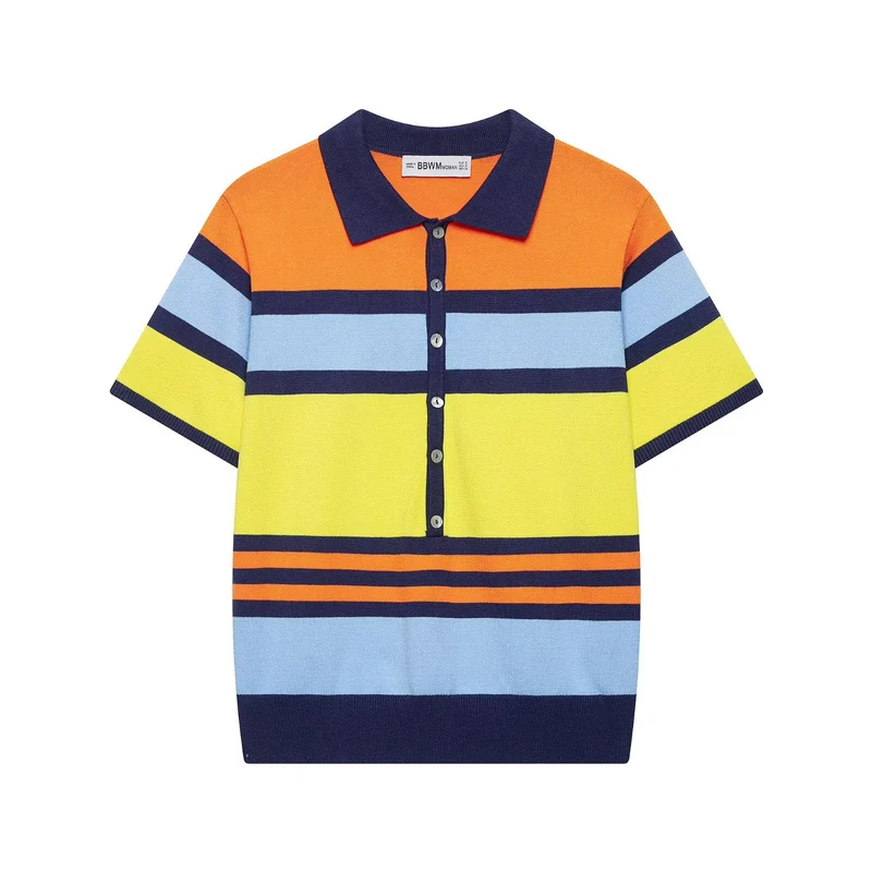 Damen Kurzärmeliges gestreiftes Feinstrick-Poloshirt mit durchgehender Knopfleiste Drune