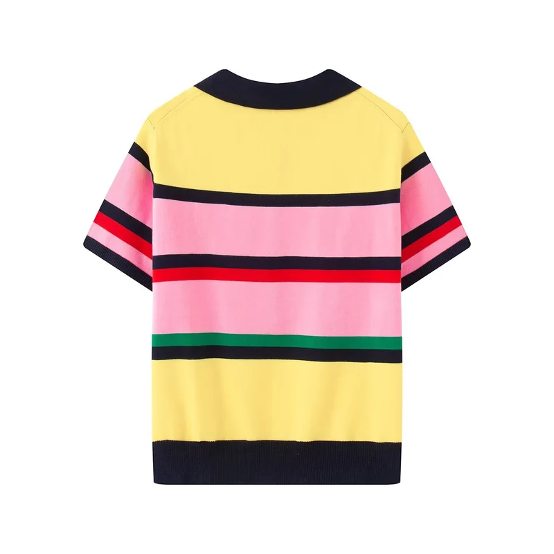 Damen Kurzärmeliges gestreiftes Feinstrick-Poloshirt mit durchgehender Knopfleiste Drune