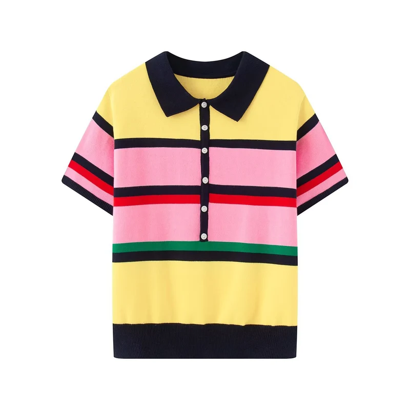 Damen Kurzärmeliges gestreiftes Feinstrick-Poloshirt mit durchgehender Knopfleiste Drune